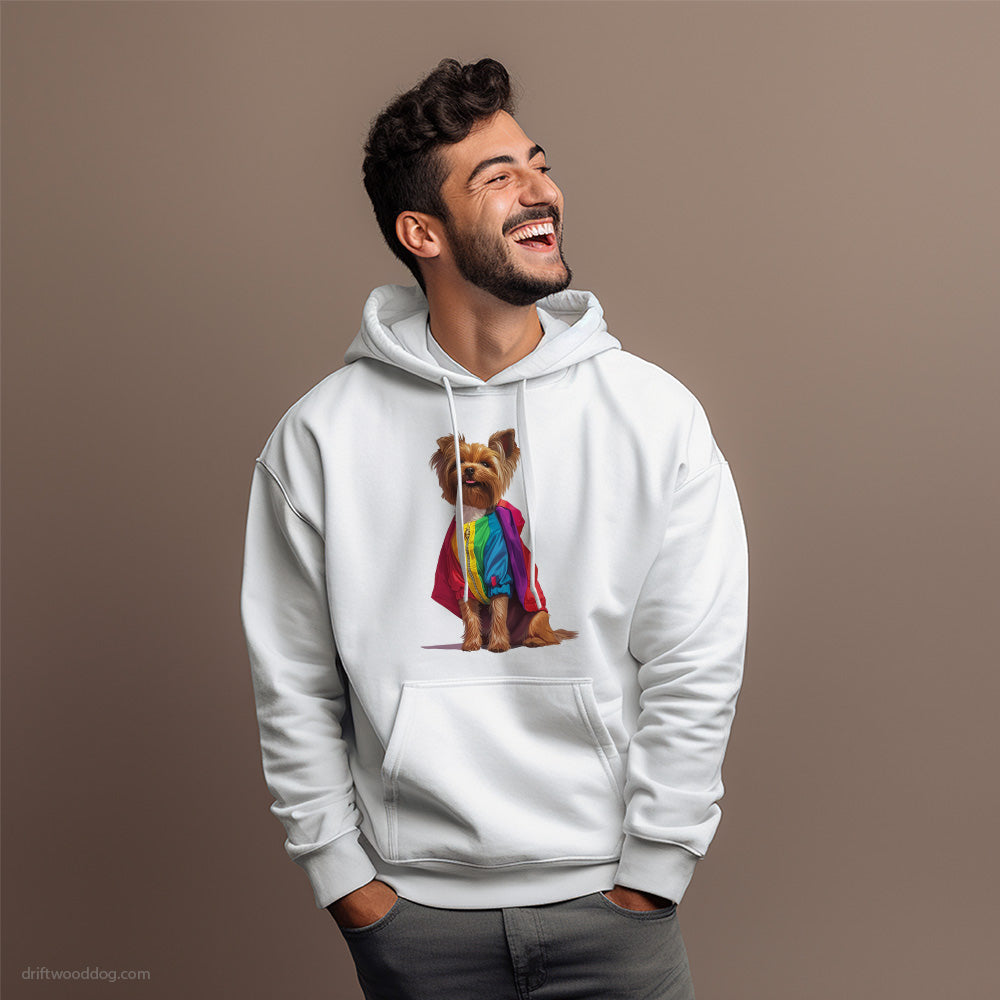 Proud Yorkshire Terrier Dressed in a Rainbow Hoodie – Dog Hoodies for Men