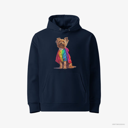 Yorkshire Terrier Hoodie – Men Navy Hoodie Eco-Friendly – Dressed in a Rainbow (on White Background)