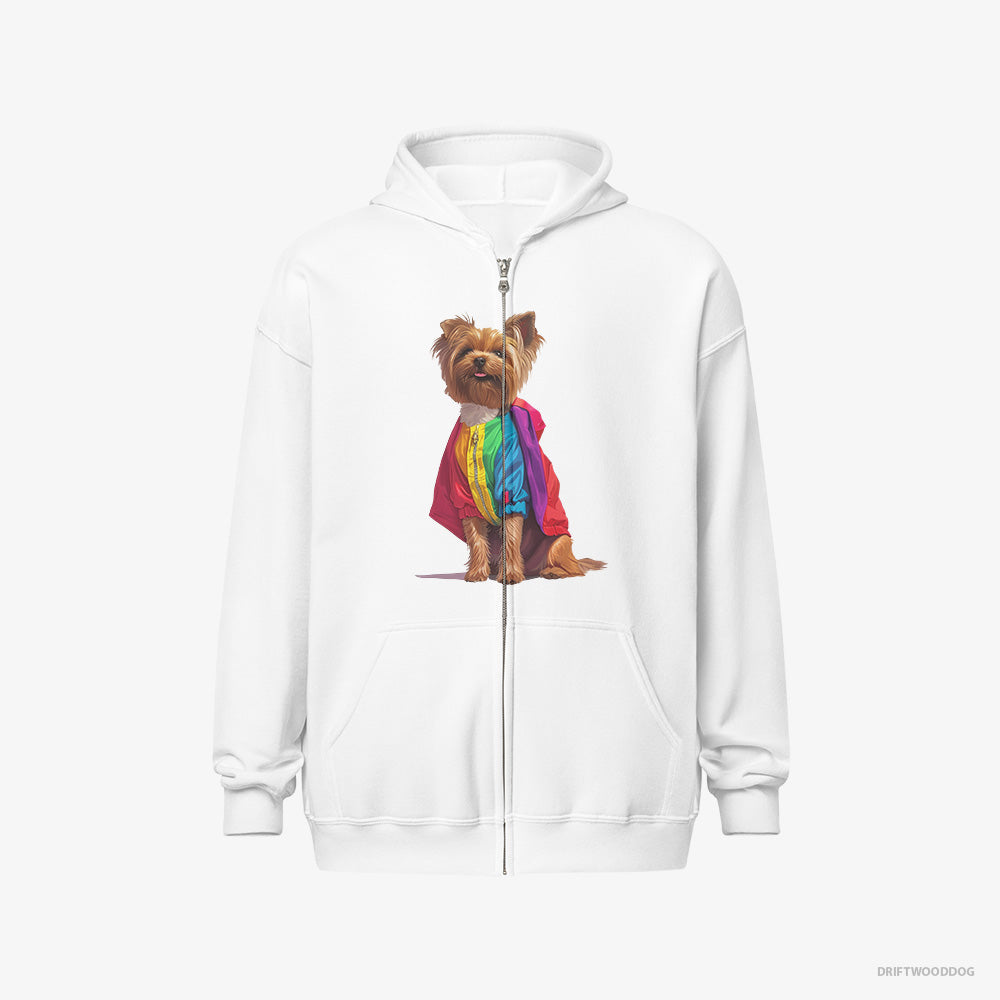 Yorkshire Terrier Hoodie – Men White Hoodie Full-Zip – Dressed in a Rainbow (on White Background)