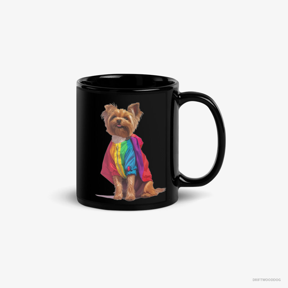 Yorkshire Terrier Mug – Unisex Black Mug Classic – Dressed in a Rainbow (on White Background)