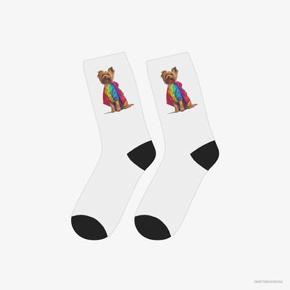 Yorkshire Terrier Socks – Unisex White Socks Classic – Dressed in a Rainbow (on White Background)