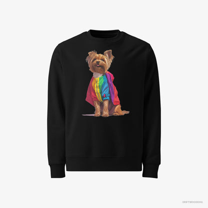 Yorkshire Terrier Dressed in a Rainbow Black Sweatshirt