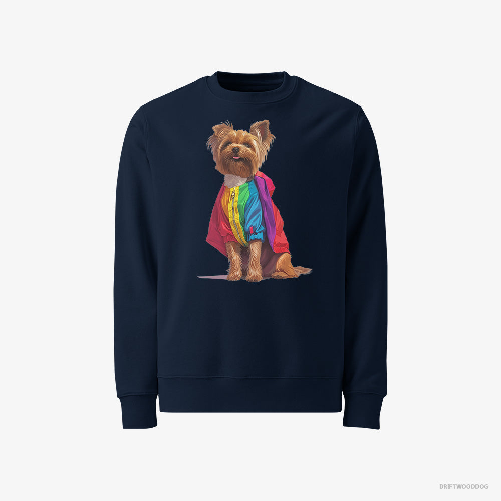 Yorkshire Terrier Sweatshirt – Men Navy Sweatshirt Classic – Dressed in a Rainbow (on White Background)