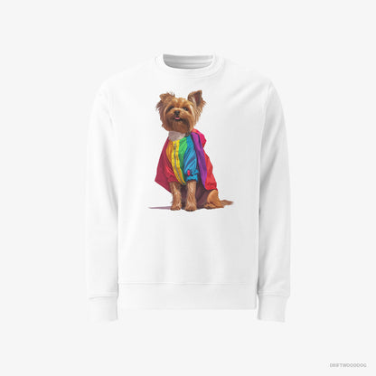 Yorkshire Terrier Dressed in a Rainbow White Sweatshirt