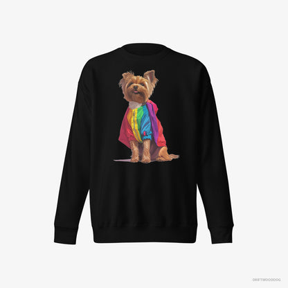 Yorkshire Terrier Dressed in a Rainbow Black Sweatshirt