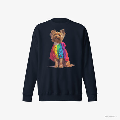 Yorkshire Terrier Sweatshirt – Men Navy Sweatshirt Eco-Friendly – Dressed in a Rainbow (on White Background)