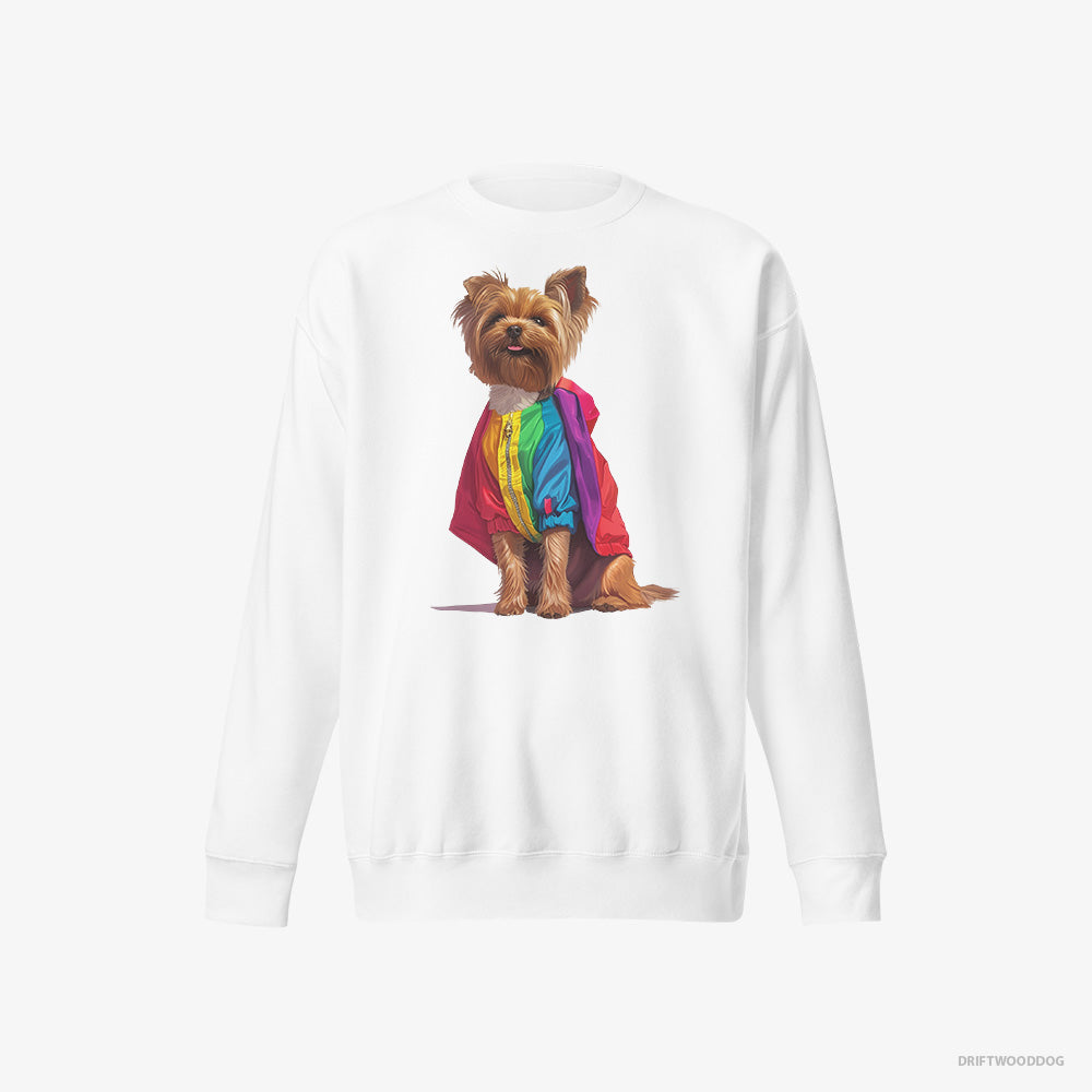 Yorkshire Terrier Sweatshirt – Women White Sweatshirt Eco-Friendly – Dressed in a Rainbow (on White Background)