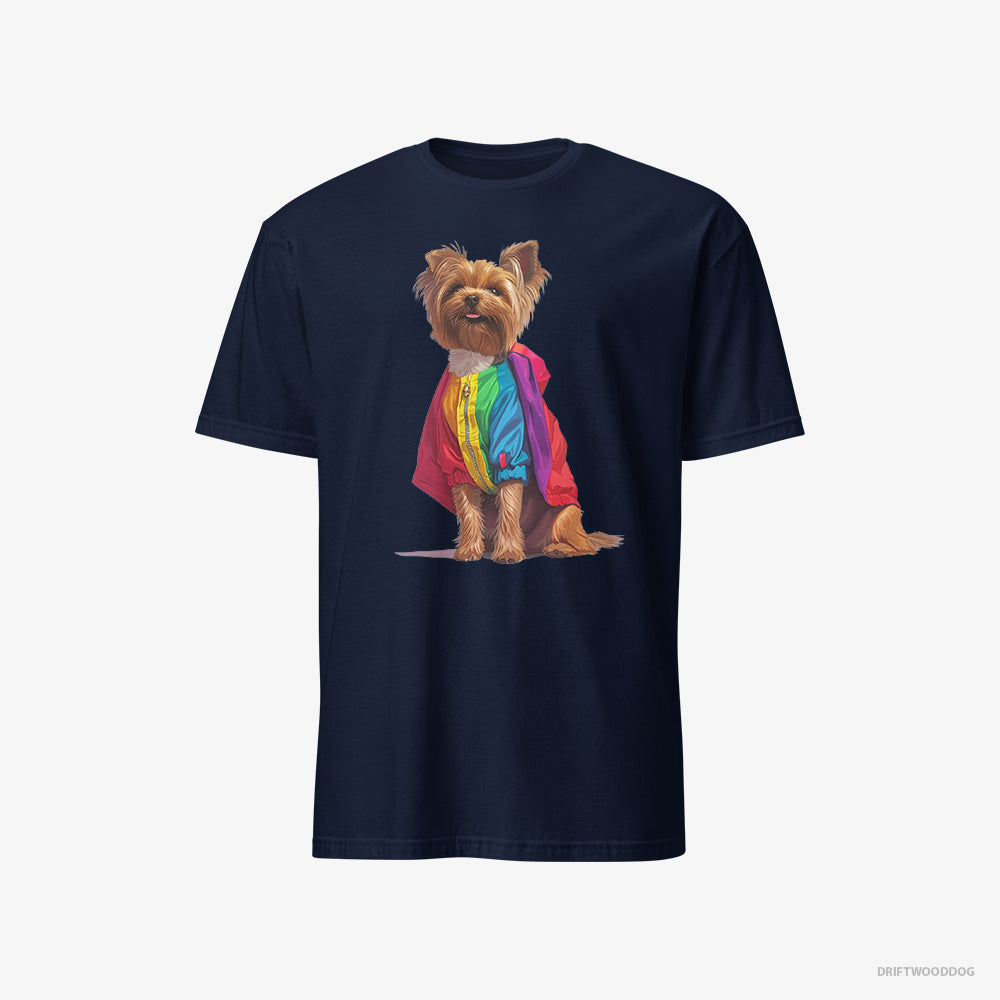 Yorkshire Terrier T-Shirt – Men Navy T-Shirt Classic – Dressed in a Rainbow (on White Background)