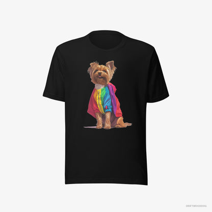 Yorkshire Terrier Dressed in a Rainbow Black T-Shirt