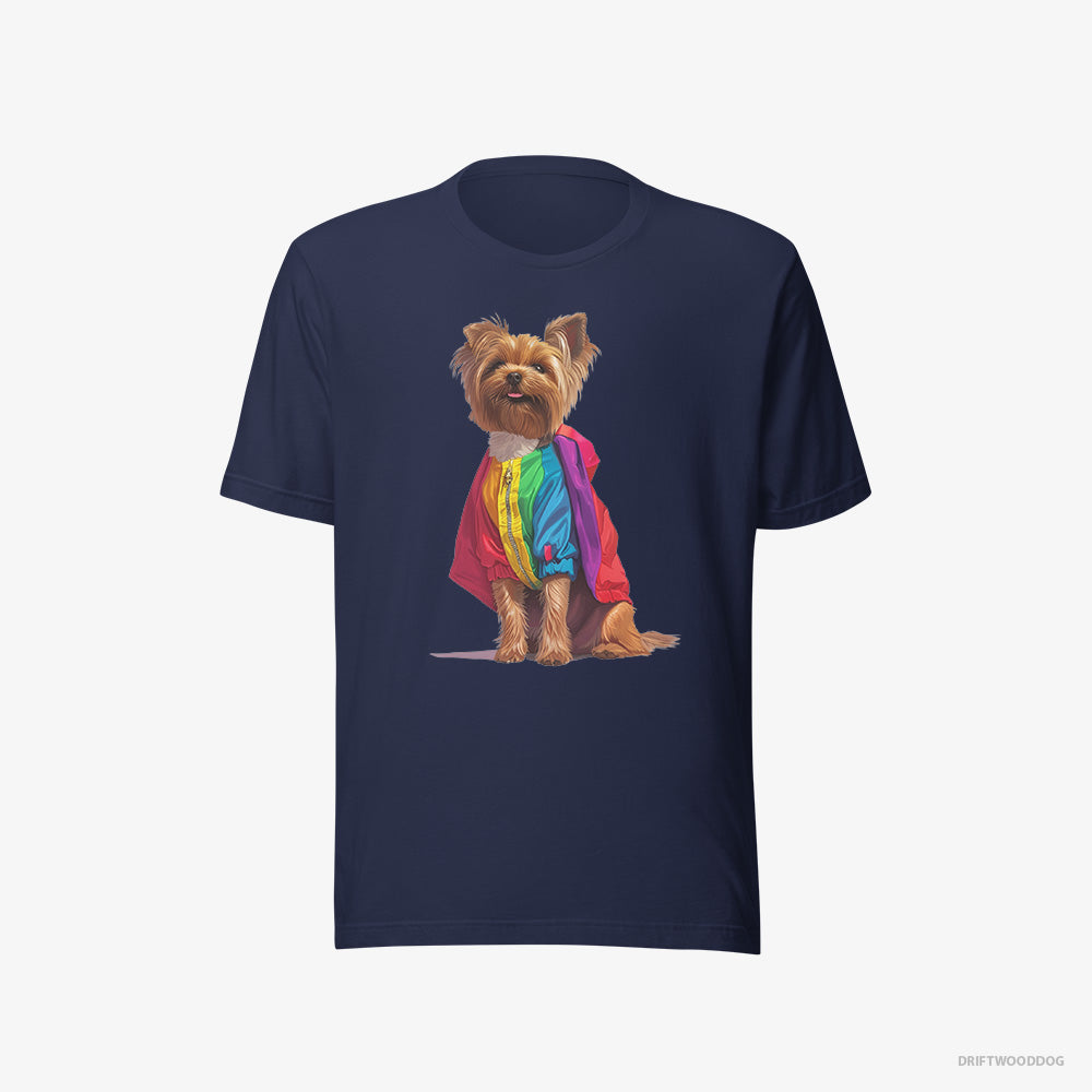 Yorkshire Terrier T-Shirt – Men Navy T-Shirt Eco-Friendly – Dressed in a Rainbow (on White Background)