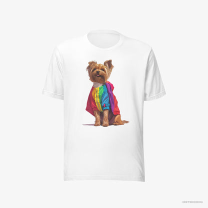 Yorkshire Terrier Dressed in a Rainbow White T-Shirt