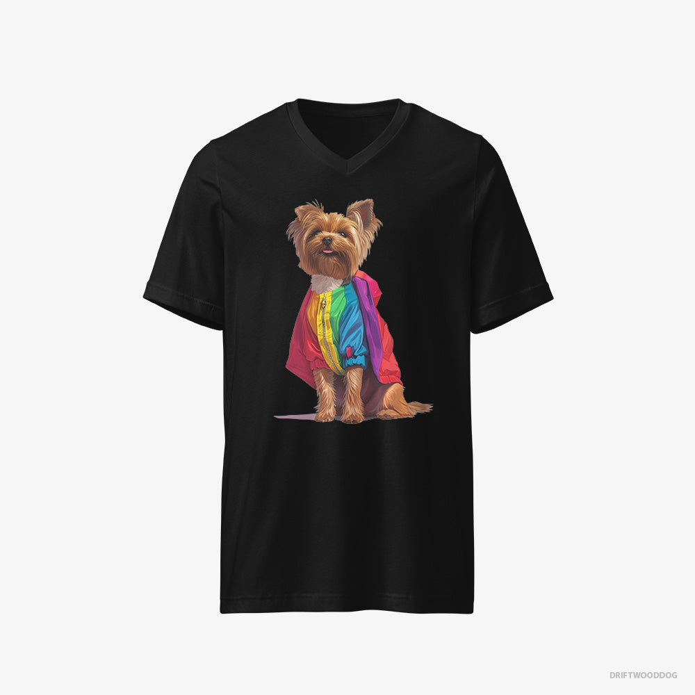 Yorkshire Terrier T-Shirt – Men Black T-Shirt V-Neck – Dressed in a Rainbow (on White Background)