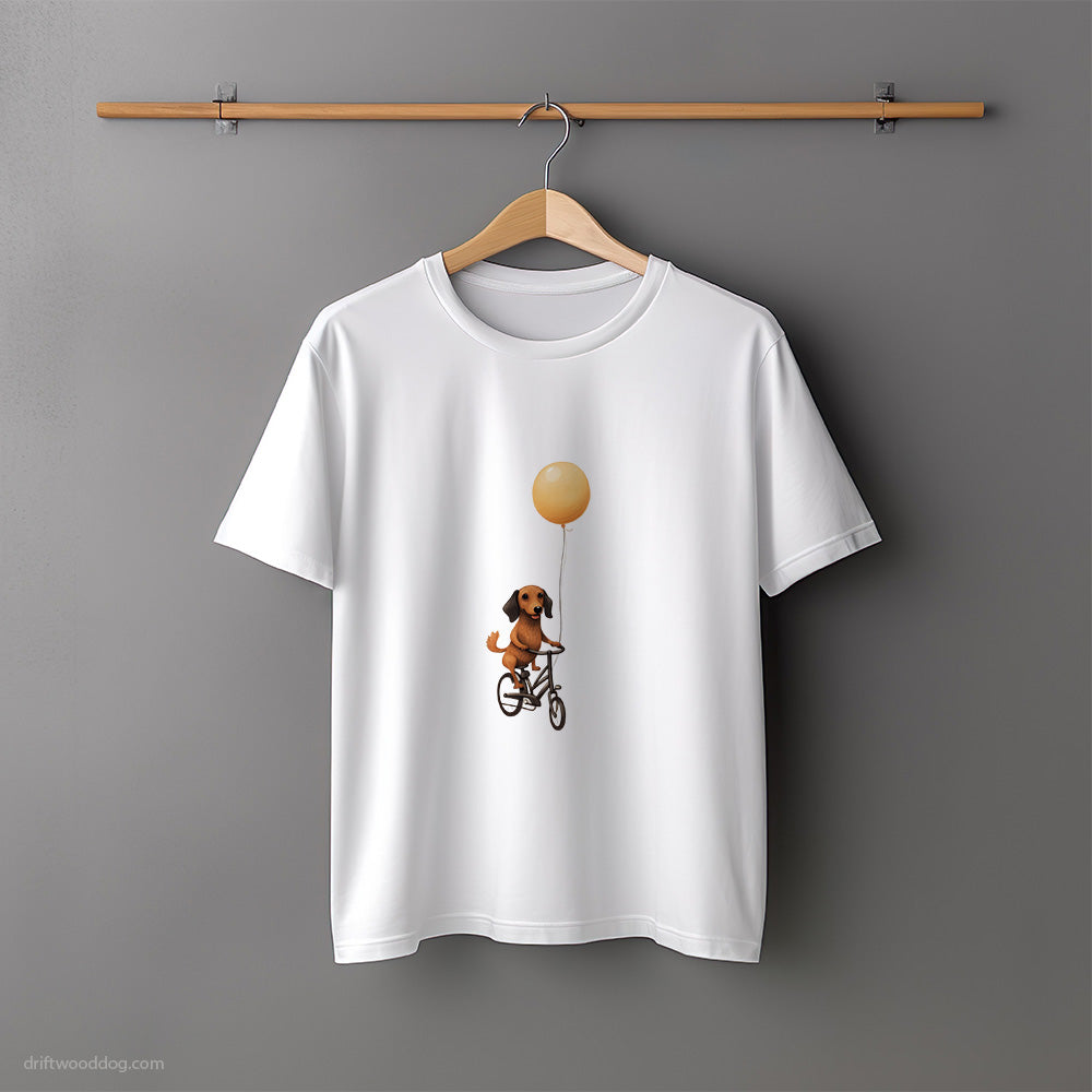 Small Dachshund Riding a Bicycle with a Balloon T-Shirt – Unisex Tee for Dog Lovers