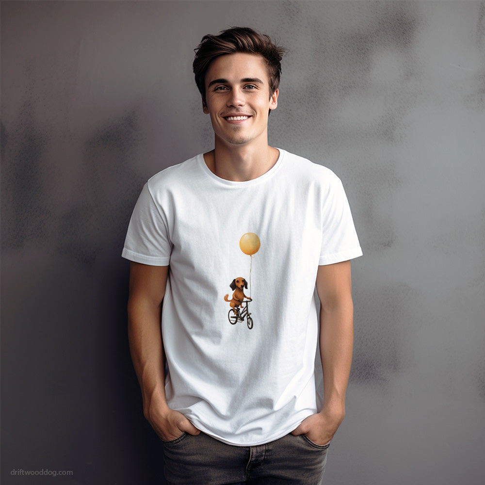 Small Dachshund Riding a Bicycle with a Balloon T-Shirt – Dog Graphic Tee for Men