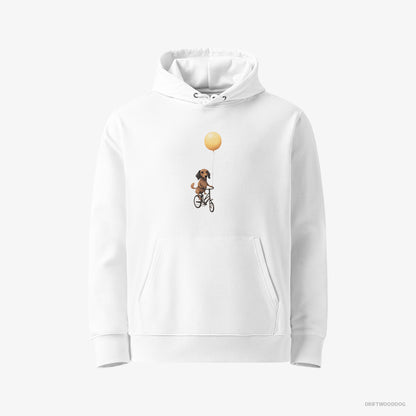 Dachshund Hoodie – Men White Hoodie Eco-Friendly – Riding a Bicycle with a Balloon (on White Background)