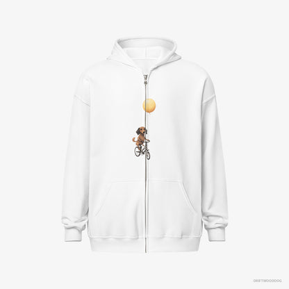 Dachshund Hoodie – Women White Hoodie Full-Zip – Riding a Bicycle with a Balloon (on White Background)