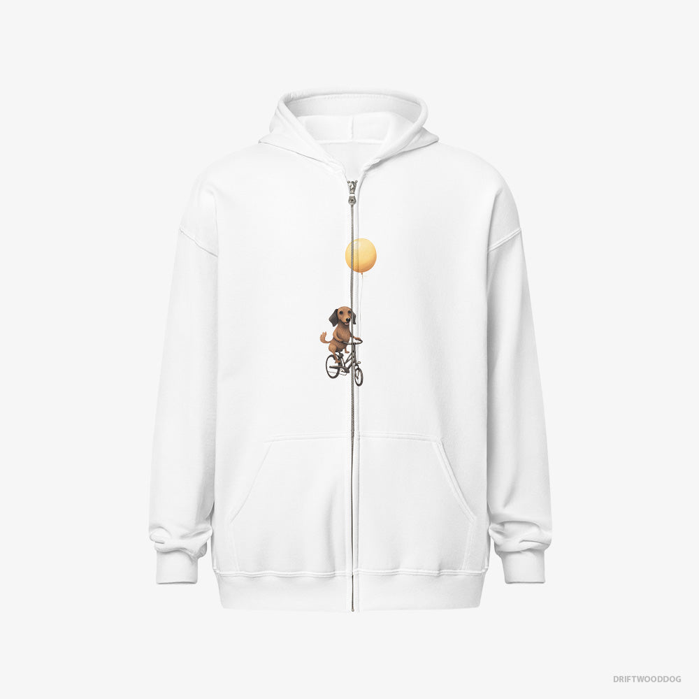 Small Dachshund Riding a Bicycle with a Balloon – Women's Hoodie White Full-Zip – Full-Zip