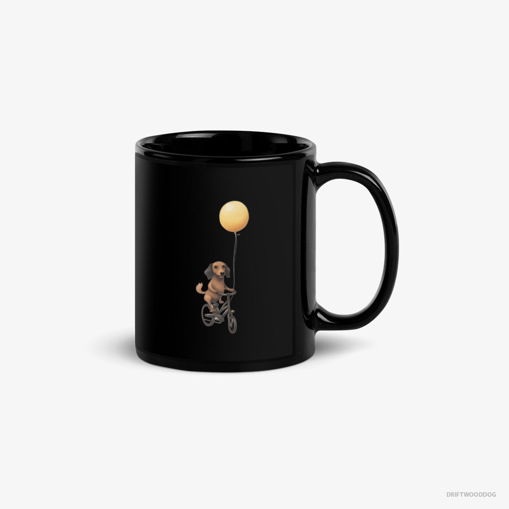 Dachshund Mug – Unisex Black Mug Classic – Riding a Bicycle with a Balloon (on White Background)