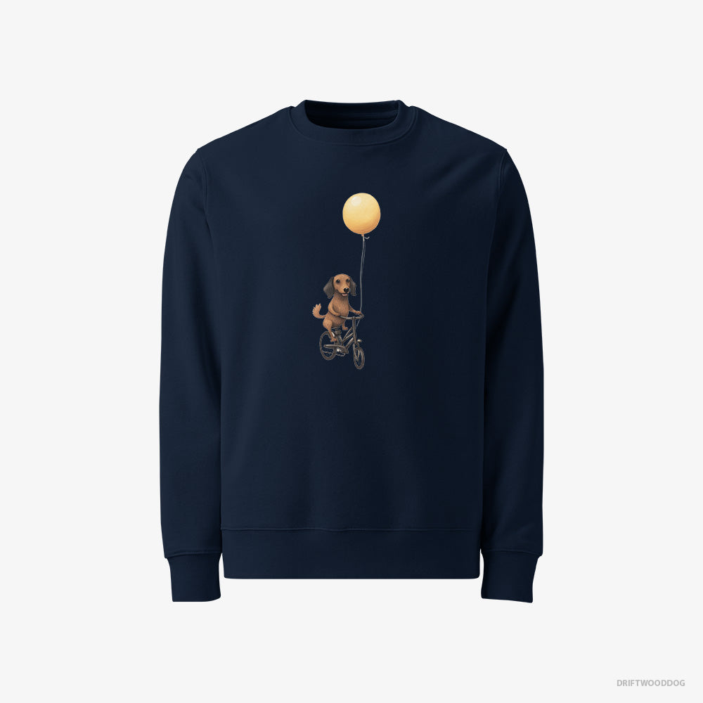 Dachshund Sweatshirt – Men Navy Sweatshirt Classic – Riding a Bicycle with a Balloon (on White Background)