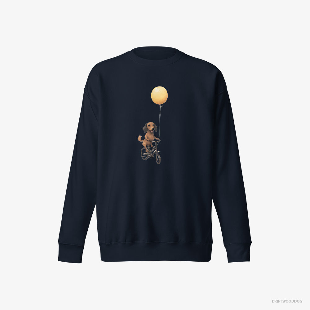 Dachshund Sweatshirt – Men Navy Sweatshirt Eco-Friendly – Riding a Bicycle with a Balloon (on White Background)