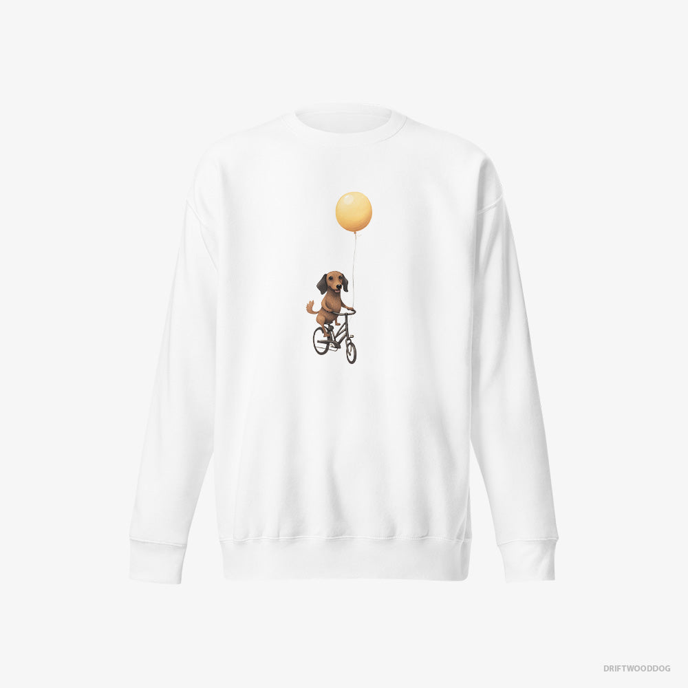 Dachshund Sweatshirt – Men White Sweatshirt Eco-Friendly – Riding a Bicycle with a Balloon (on White Background)