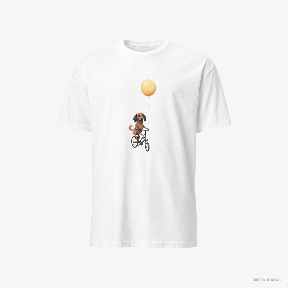 Dachshund T-Shirt – Men White T-Shirt Classic – Riding a Bicycle with a Balloon (on White Background)