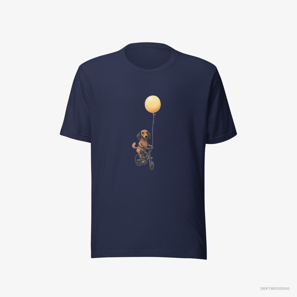 Dachshund T-Shirt – Men Navy T-Shirt Eco-Friendly – Riding a Bicycle with a Balloon (on White Background)