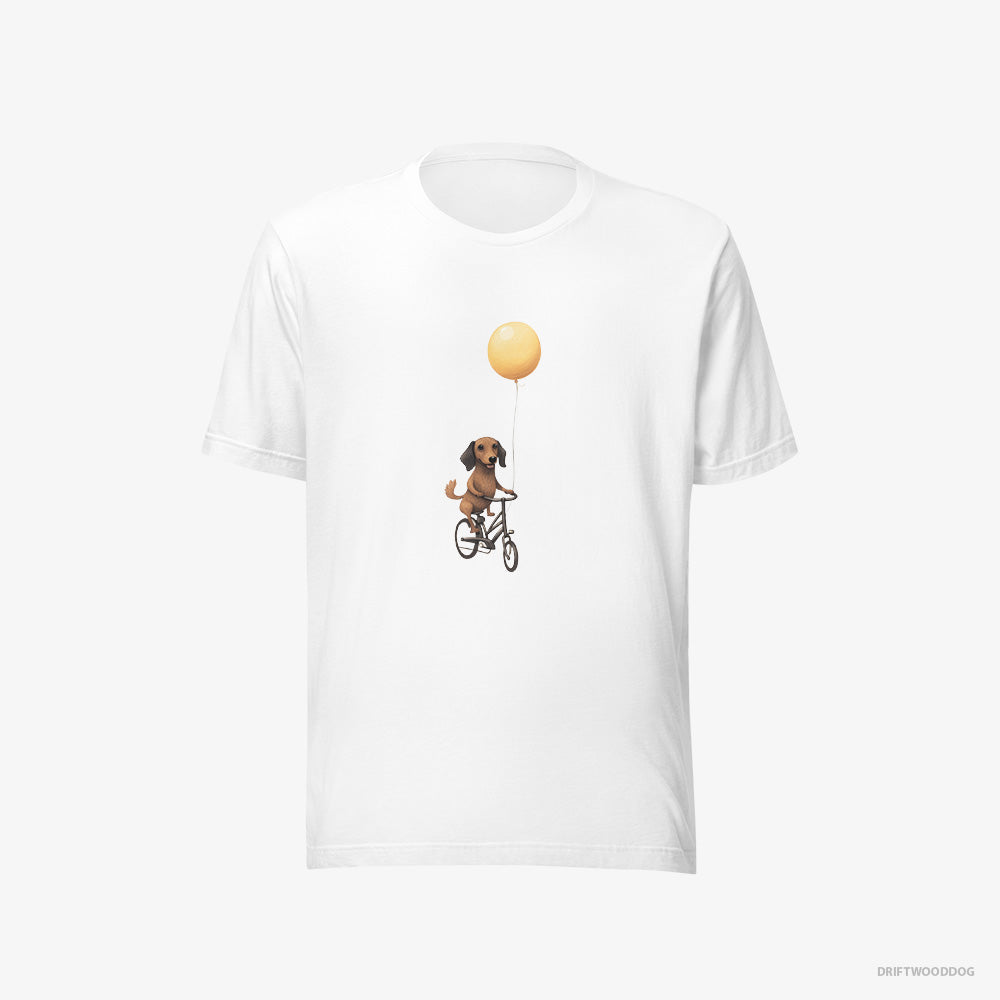 Dachshund T-Shirt – Men White T-Shirt Eco-Friendly – Riding a Bicycle with a Balloon (on White Background)