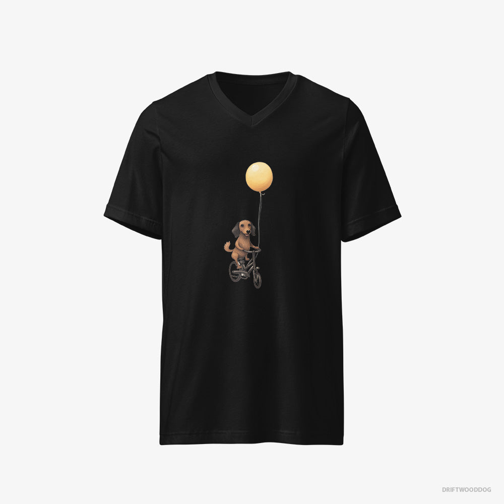 Dachshund T-Shirt – Men Black T-Shirt V-Neck – Riding a Bicycle with a Balloon (on White Background)