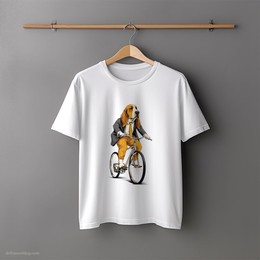 Serious Basset Hound Riding a Bicycle T-Shirt – Unisex Tee for Dog Lovers