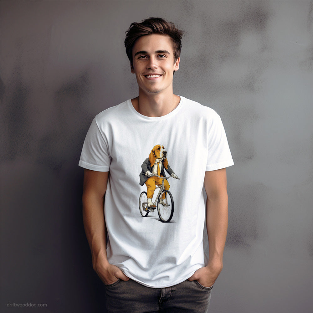 Serious Basset Hound Riding a Bicycle T-Shirt – Dog Graphic Tee for Men