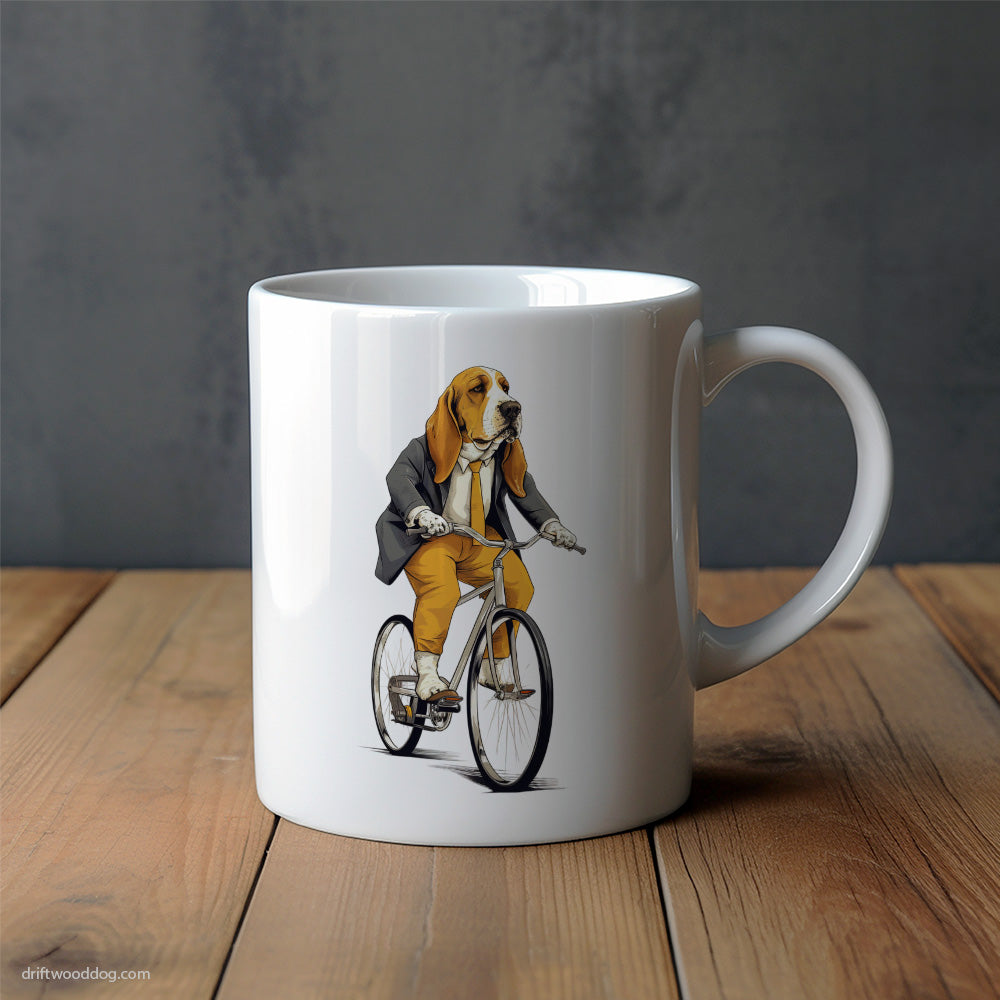 Serious Basset Hound Riding a Bicycle Mug – Unique Dog Cups | Dog-Themed Mugs