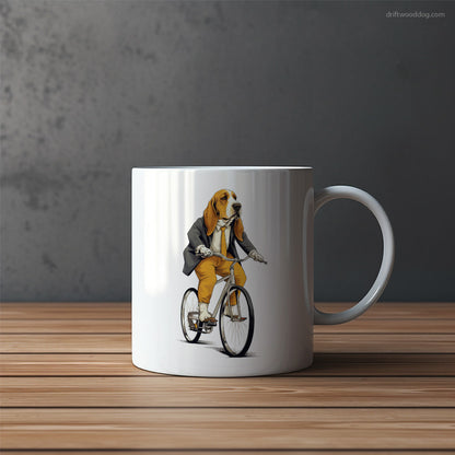 Serious Basset Hound Riding a Bicycle Mug – Funny Dog Coffee Mugs | Quirky Canine Drinkware