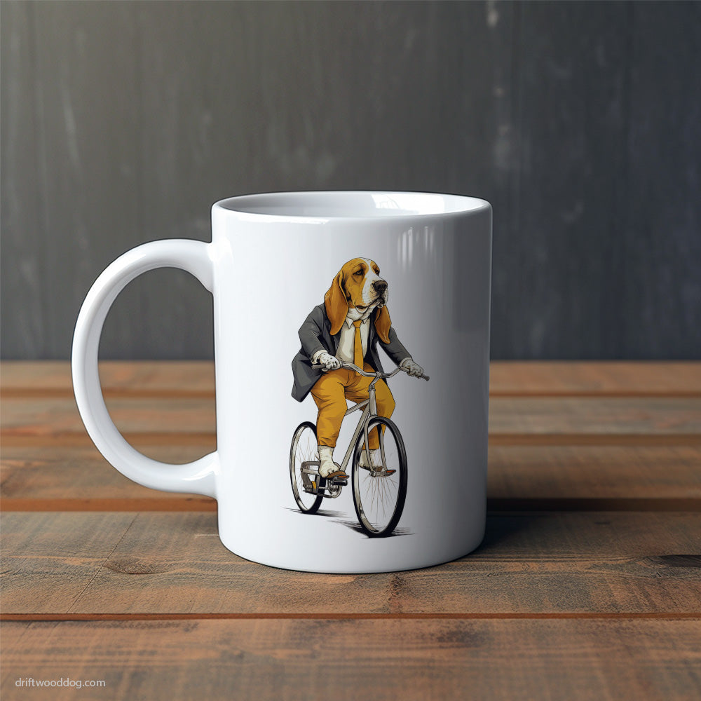 Serious Basset Hound Riding a Bicycle Mug – Cute Dog-Themed Mugs | Perfect Gifts for Dog Lovers