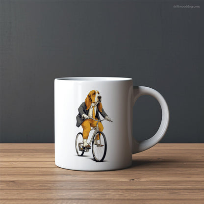 Serious Basset Hound Riding a Bicycle Mug – Custom Dog Mugs | Personalized Pet Mugs