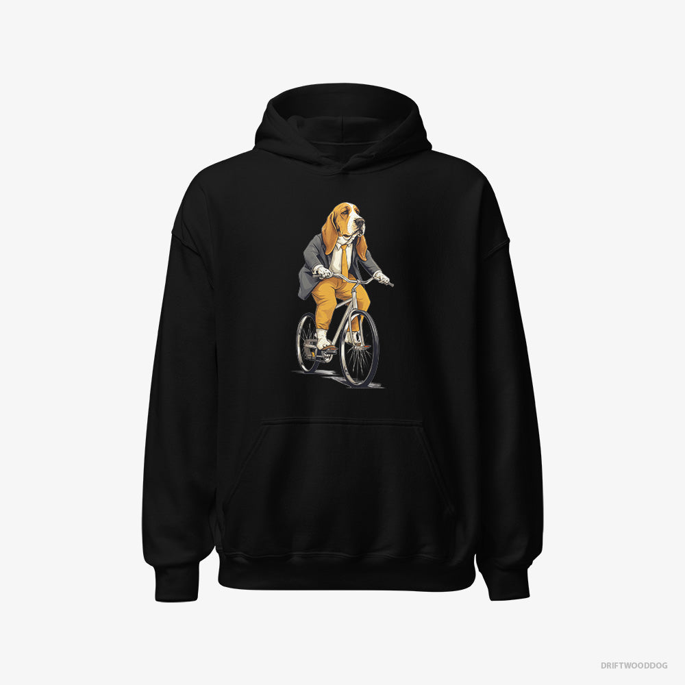 Basset Hound Hoodie – Men Black Hoodie Classic – Riding a Bicycle (on White Background)