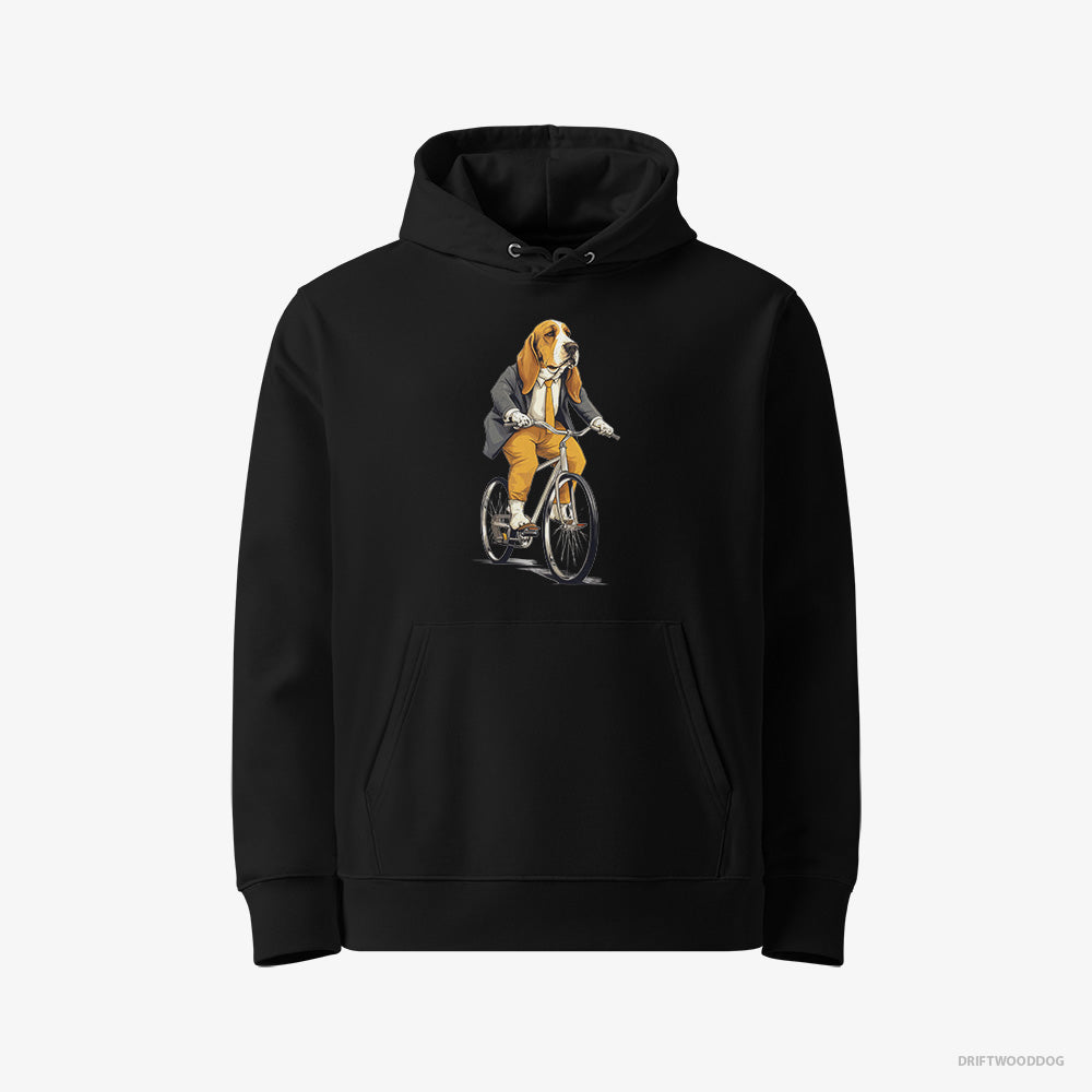 Basset Hound Hoodie – Women Black Hoodie Eco-Friendly – Riding a Bicycle (on White Background)