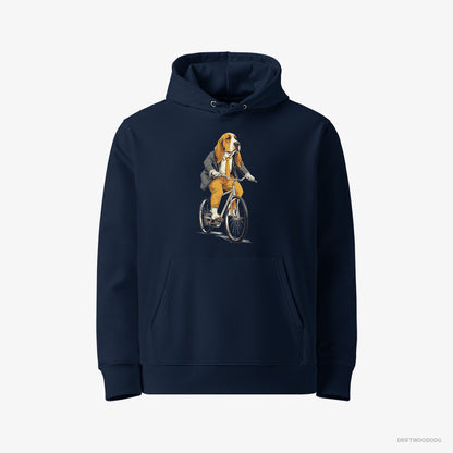 Basset Hound Hoodie – Men Navy Hoodie Eco-Friendly – Riding a Bicycle (on White Background)