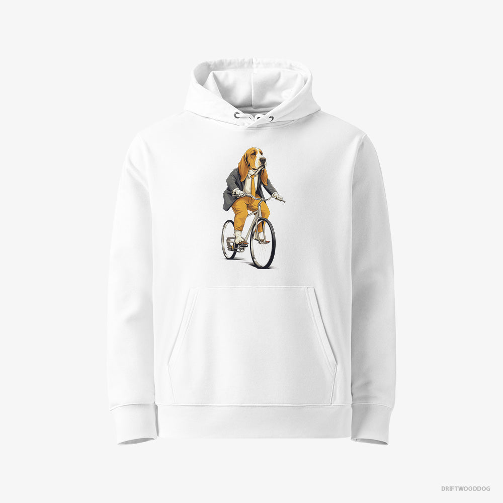 Basset Hound Hoodie – Men White Hoodie Eco-Friendly – Riding a Bicycle (on White Background)