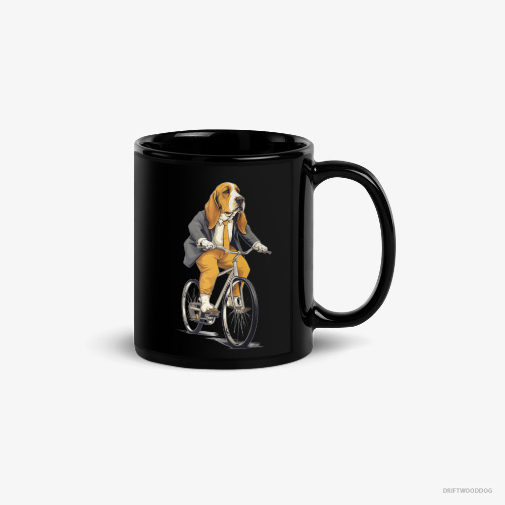 Basset Hound Mug – Unisex Black Mug Classic – Riding a Bicycle (on White Background)