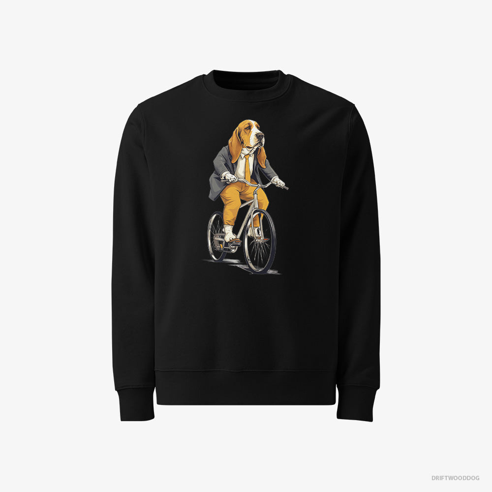 Basset Hound Sweatshirt – Men Black Sweatshirt Classic – Riding a Bicycle (on White Background)