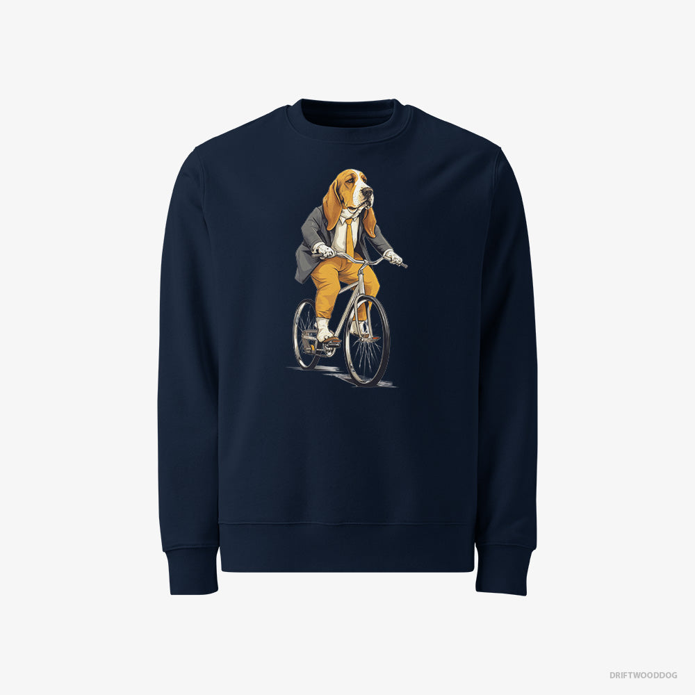 Basset Hound Sweatshirt – Men Navy Sweatshirt Classic – Riding a Bicycle (on White Background)