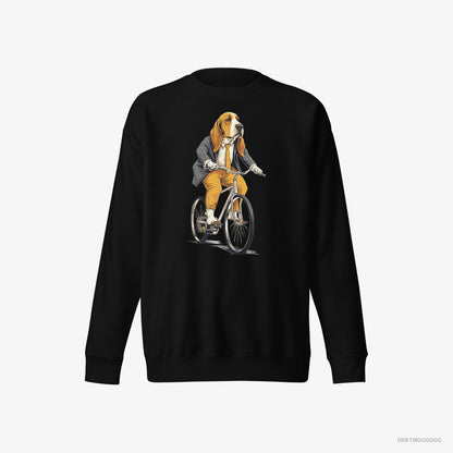 Basset Hound Sweatshirt – Men Black Sweatshirt Eco-Friendly – Riding a Bicycle (on White Background)