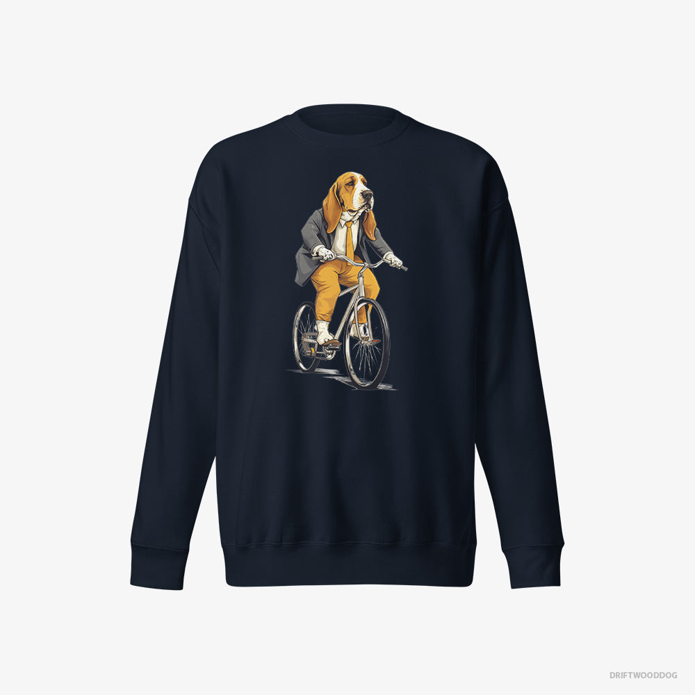 Basset Hound Sweatshirt – Men Navy Sweatshirt Eco-Friendly – Riding a Bicycle (on White Background)