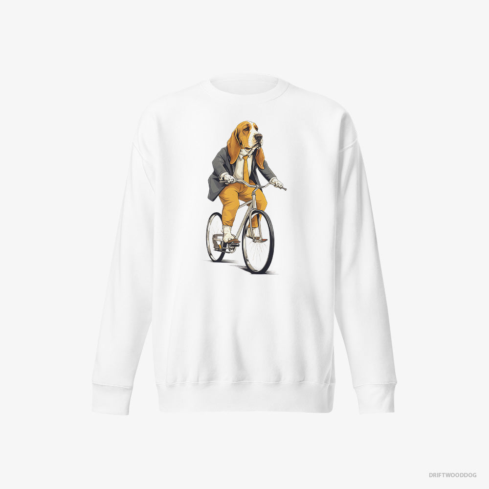 Basset Hound Sweatshirt – Men White Sweatshirt Eco-Friendly – Riding a Bicycle (on White Background)