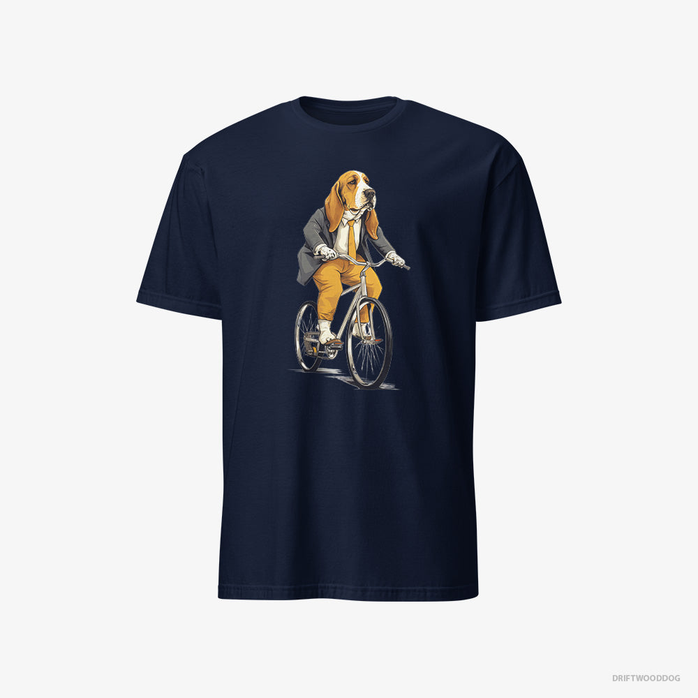 Basset Hound T-Shirt – Men Navy T-Shirt Classic – Riding a Bicycle (on White Background)