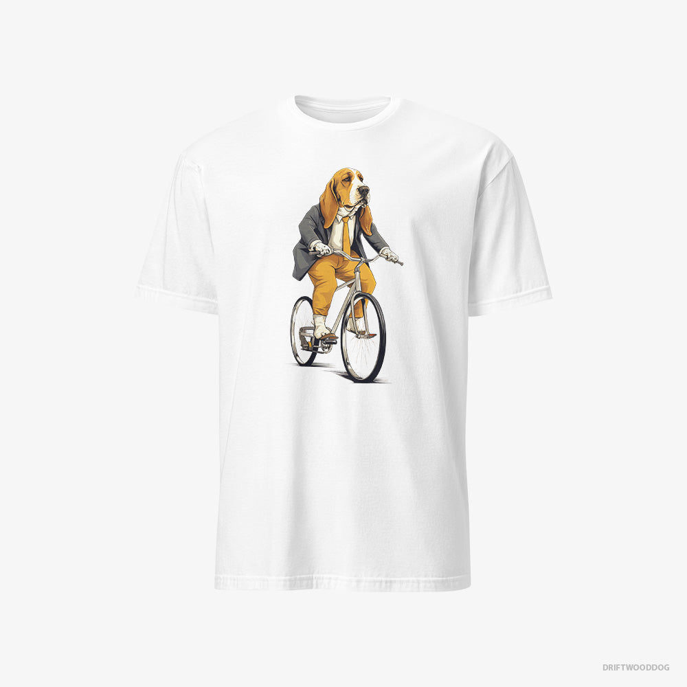 Basset Hound T-Shirt – Men White T-Shirt Classic – Riding a Bicycle (on White Background)