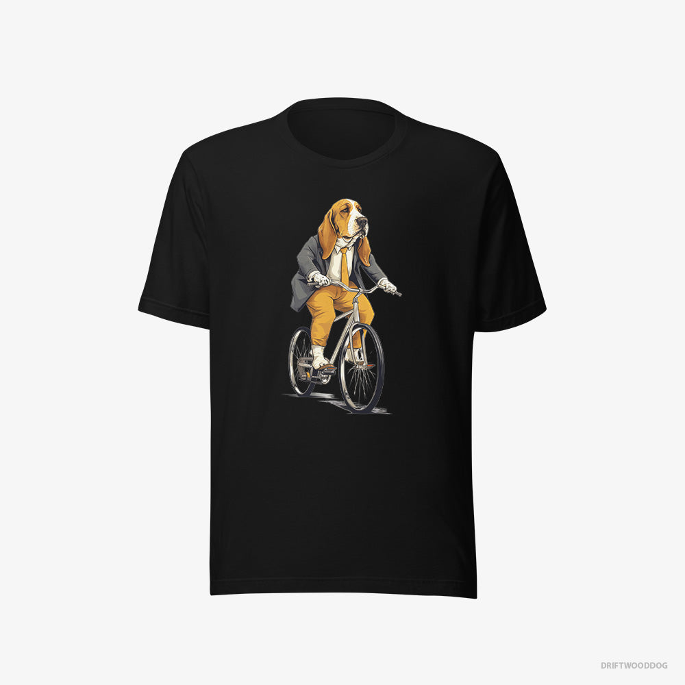 Basset Hound T-Shirt – Men Black T-Shirt Eco-Friendly – Riding a Bicycle (on White Background)