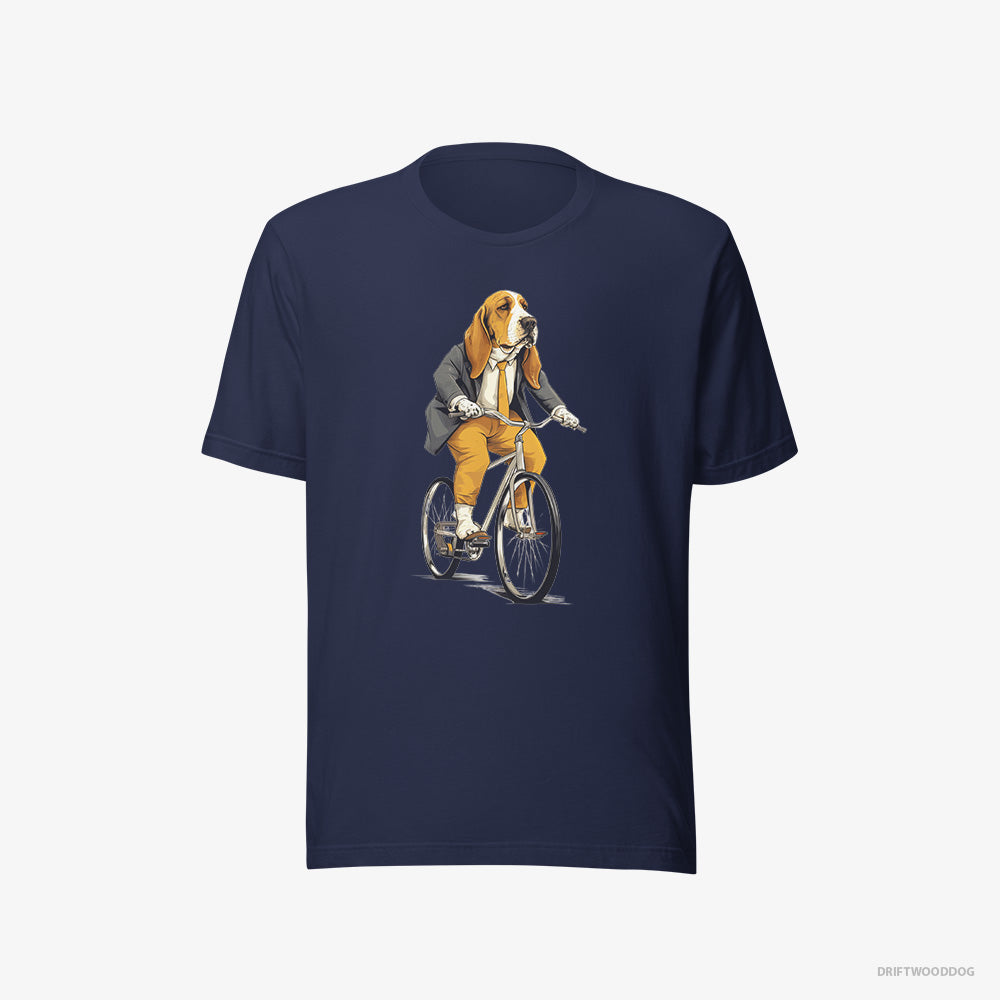 Basset Hound T-Shirt – Women Navy T-Shirt Eco-Friendly – Riding a Bicycle (on White Background)