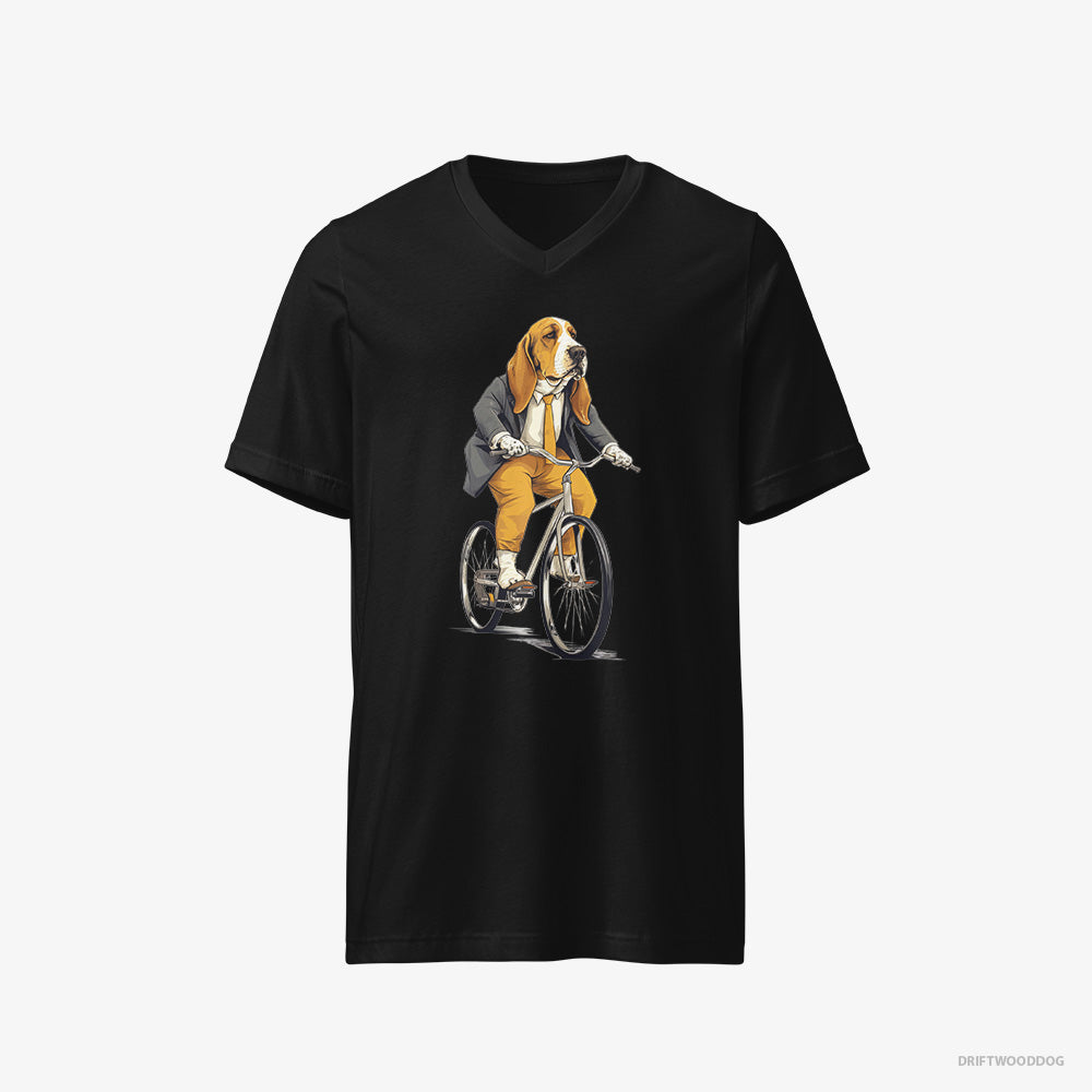 Basset Hound T-Shirt – Men Black T-Shirt V-Neck – Riding a Bicycle (on White Background)